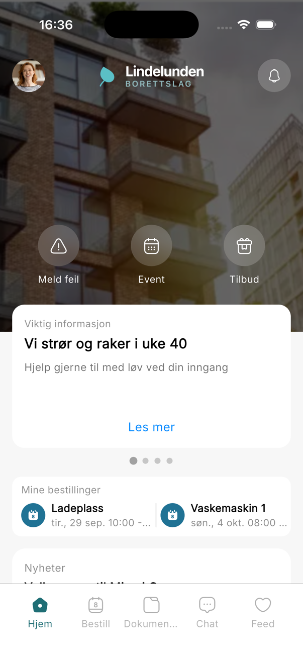 App: forsiden med viktige beskjeder og nyheter