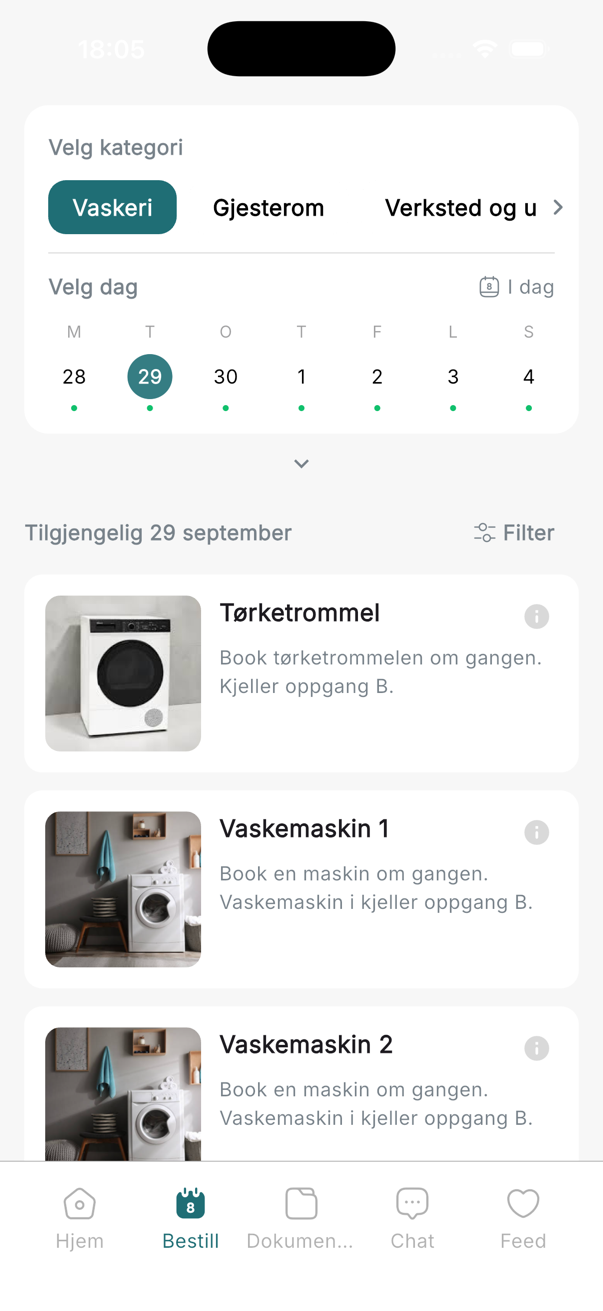 App: booking-kategorier som vaskeri og gjesterom