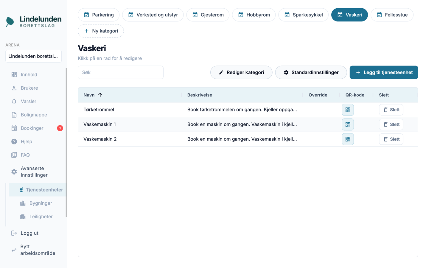 Backoffice: oversikt over bookbare ressurser