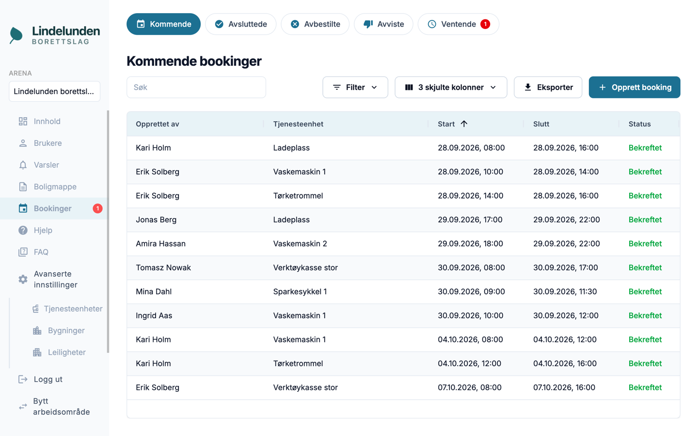 Backoffice: kommende bookinger
